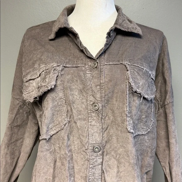 Venti6 Made in Italy Distressed Button Shirt Taupe L Raw Edge Cotton